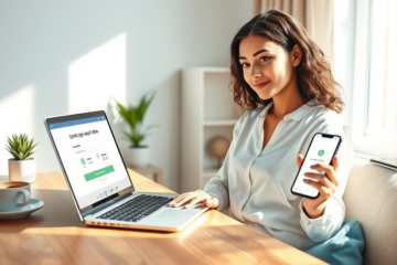 Young professional woman comfortably using a laptop and smartphone at home to complete a simple online credit application process with clear, modern technology and bright natural lighting