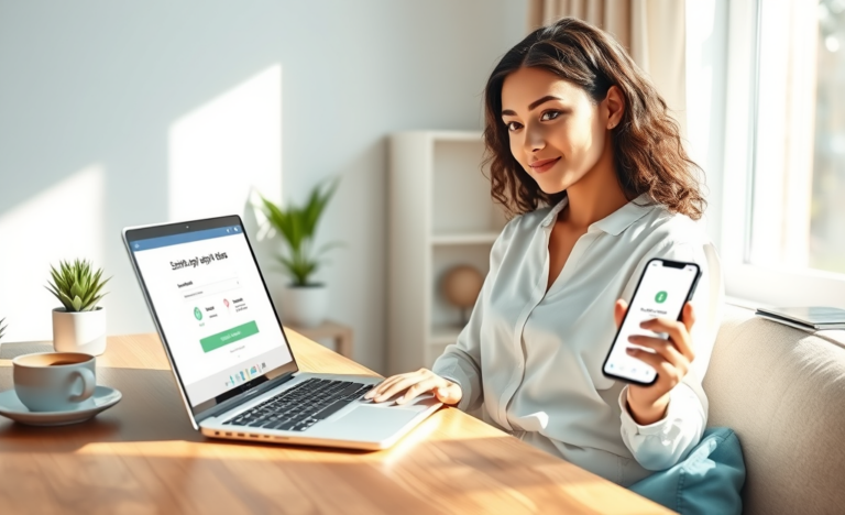 Young professional woman comfortably using a laptop and smartphone at home to complete a simple online credit application process with clear, modern technology and bright natural lighting