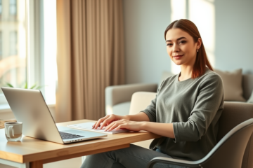 Young professional woman comfortably applying for a digital loan at home using a modern laptop with natural lighting and minimalist decor