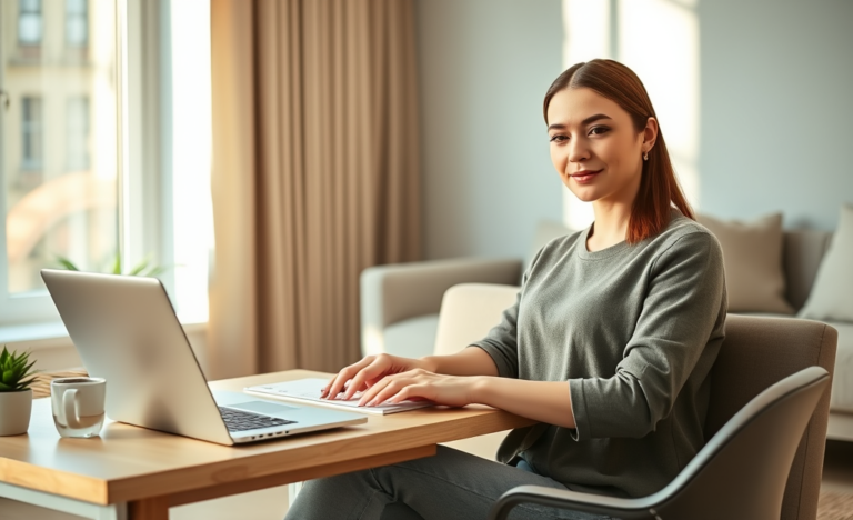 Young professional woman comfortably applying for a digital loan at home using a modern laptop with natural lighting and minimalist decor