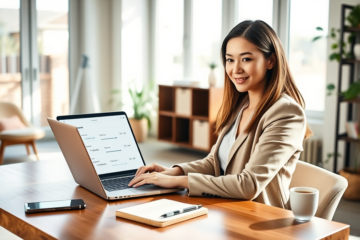 Young woman completing online loan application with flexible terms on laptop in bright, modern home office