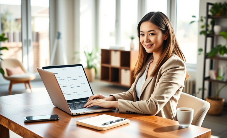 Young woman completing online loan application with flexible terms on laptop in bright, modern home office