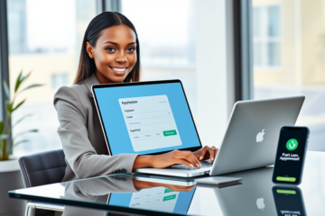 Young professional woman in a modern office using laptop for a digital loan application with fast approval notifications