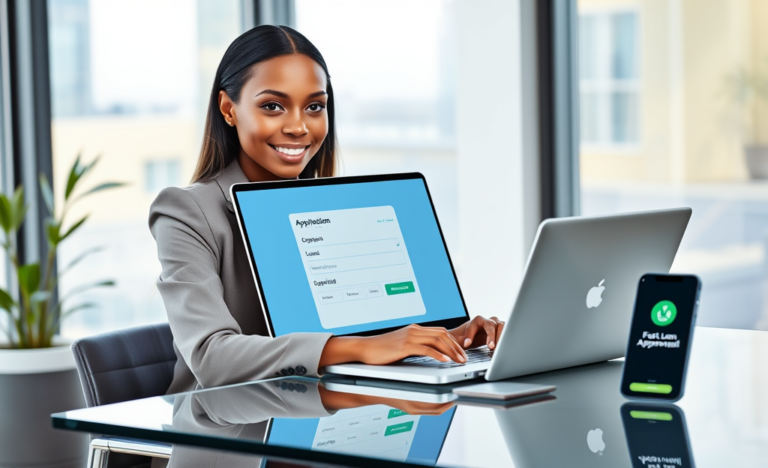 Young professional woman in a modern office using laptop for a digital loan application with fast approval notifications