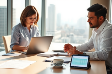 Professionals comparing personal loan rates and securely applying online using digital devices in a modern office with cityscape background