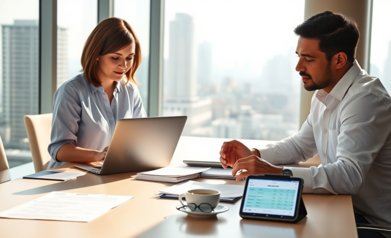 Professionals comparing personal loan rates and securely applying online using digital devices in a modern office with cityscape background