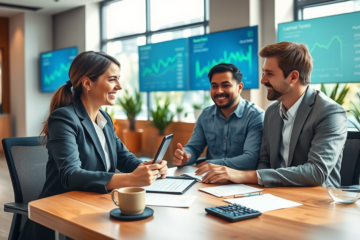 Professional loan officer explaining flexible personal loan terms to a smiling young couple in a modern bank office with natural light