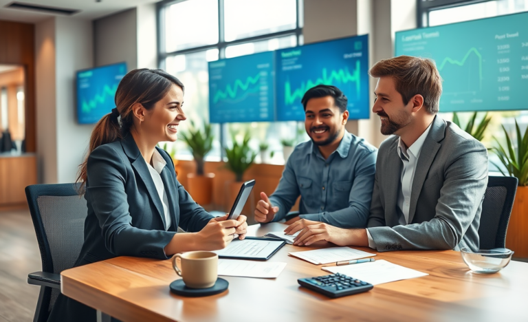 Professional loan officer explaining flexible personal loan terms to a smiling young couple in a modern bank office with natural light
