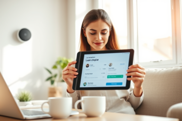 Young woman uses tablet in bright home office for fast, secure digital loan application approval