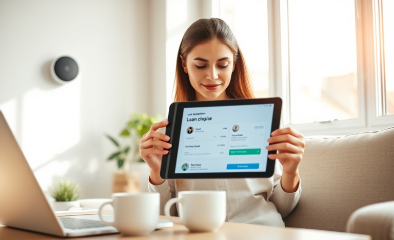 Young woman uses tablet in bright home office for fast, secure digital loan application approval
