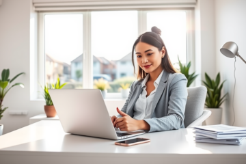 Young professional woman using a laptop in a bright home office, completing an online credit application with fast response