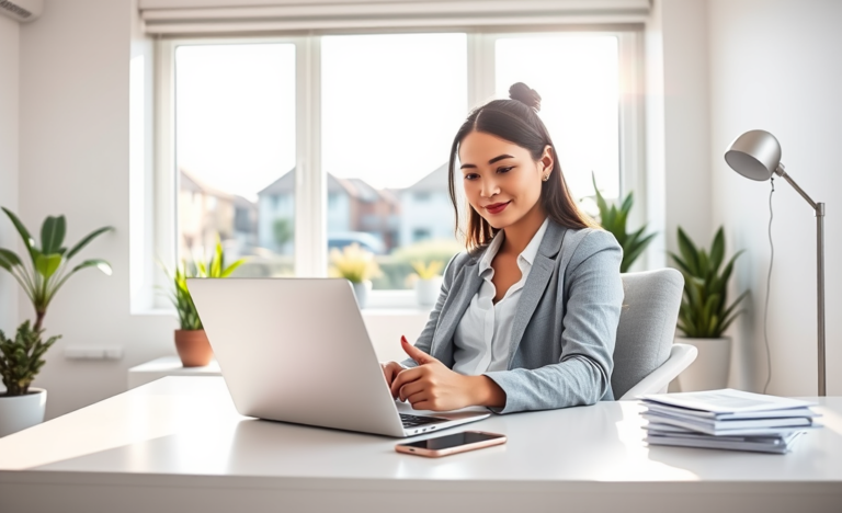 Young professional woman using a laptop in a bright home office, completing an online credit application with fast response