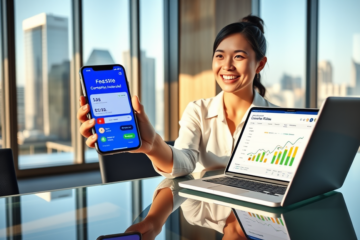Professional woman using smartphone to complete a fast digital loan application with laptop showing competitive rates in modern office