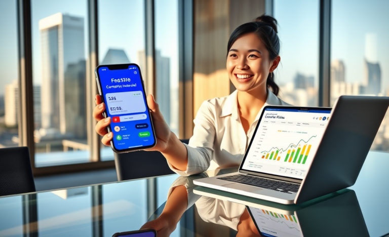 Professional woman using smartphone to complete a fast digital loan application with laptop showing competitive rates in modern office