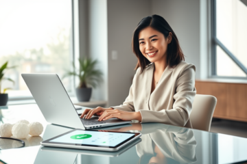 Young professional woman in bright modern office using laptop for fast digital approval personal loan application