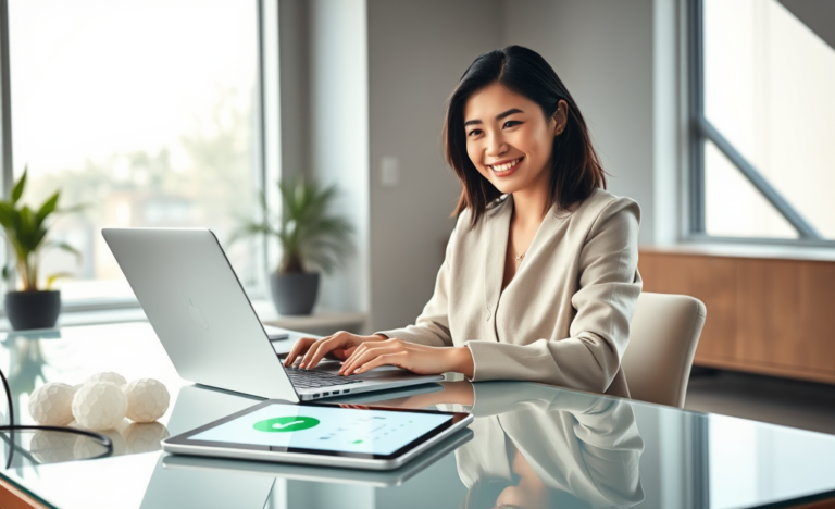Young professional woman in bright modern office using laptop for fast digital approval personal loan application