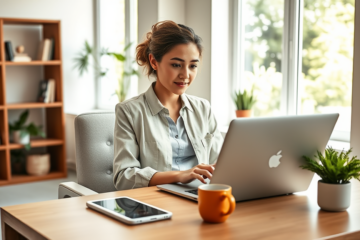 Young professional woman completing a digital loan application on a laptop in a bright home office with natural daylight and modern decor
