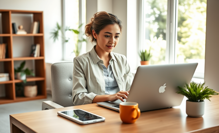 Young professional woman completing a digital loan application on a laptop in a bright home office with natural daylight and modern decor