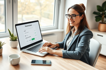Young woman using laptop in bright home office applying for digital personal loan with fast approval and online access