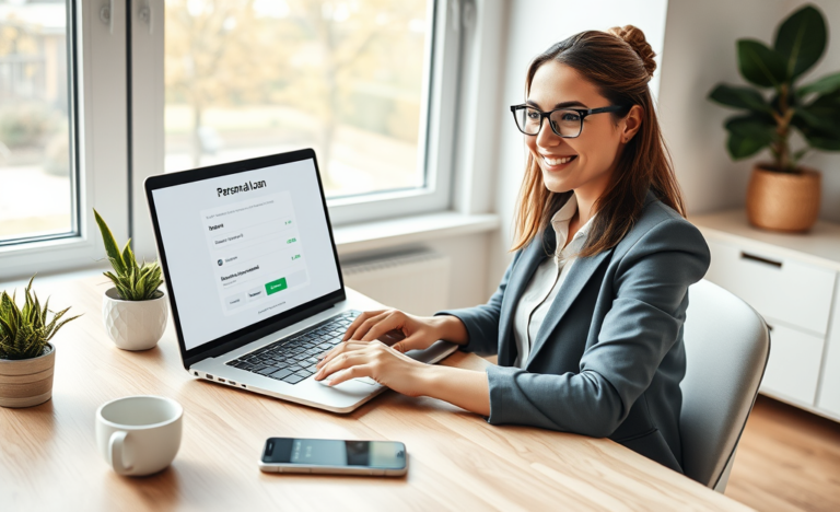 Young woman using laptop in bright home office applying for digital personal loan with fast approval and online access