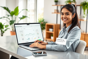 Young professional woman using laptop in bright home office receiving fast online credit application response with competitive loan rate notifications