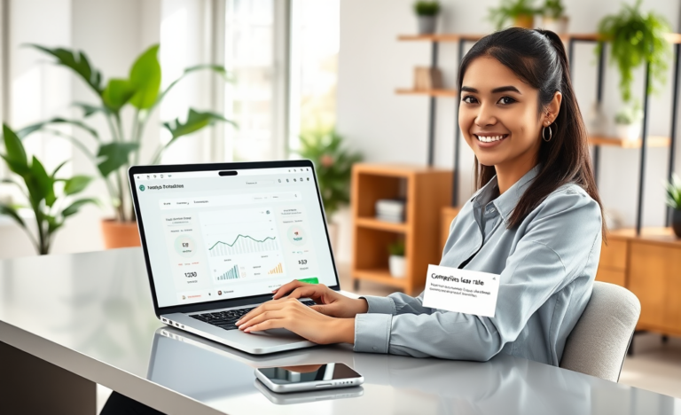 Young professional woman using laptop in bright home office receiving fast online credit application response with competitive loan rate notifications