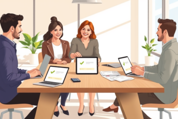 Diverse group collaboratively discussing low-fee credit alternatives around a bright table with easy application devices in a modern office