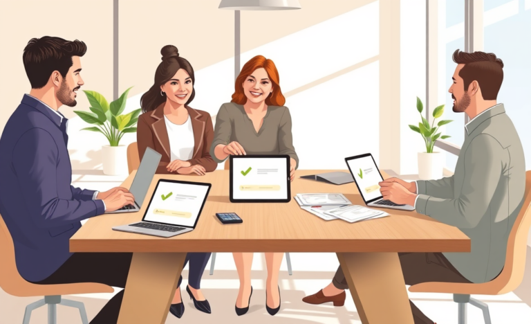 Diverse group collaboratively discussing low-fee credit alternatives around a bright table with easy application devices in a modern office