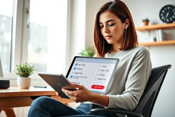 Young professional woman using tablet to complete digital credit application for fast access and flexible loan terms in bright home office