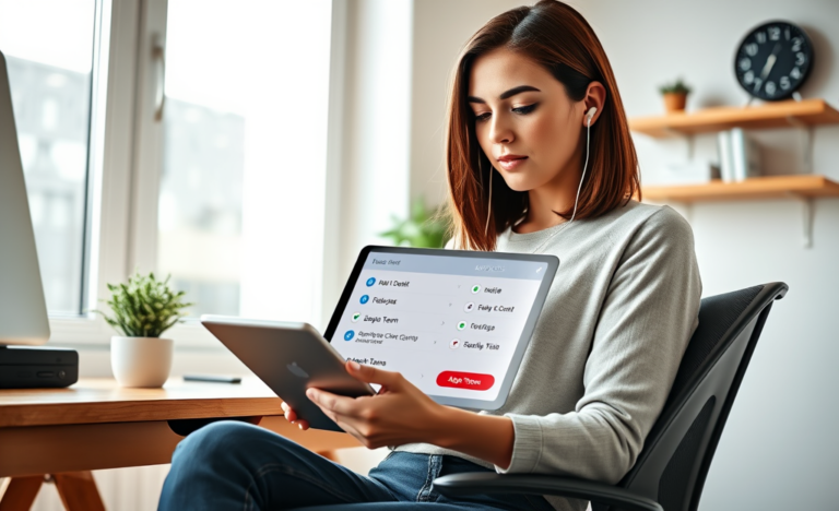 Young professional woman using tablet to complete digital credit application for fast access and flexible loan terms in bright home office