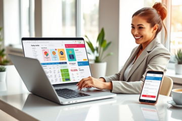 Young professional comparing online loans on laptop and smartphone in a bright modern office for fast approval and easy application