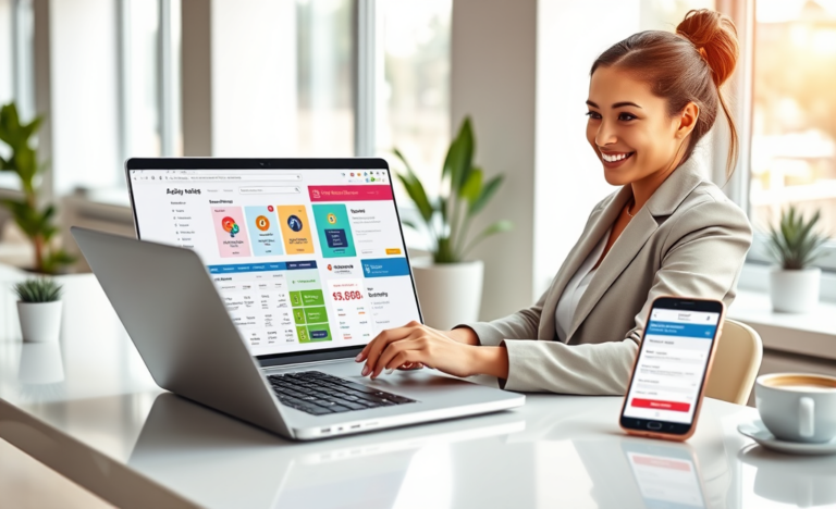 Young professional comparing online loans on laptop and smartphone in a bright modern office for fast approval and easy application