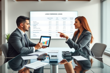 Professionally dressed man and woman comparing loan options on a tablet in a bright modern office setting focused on finding better deals faster