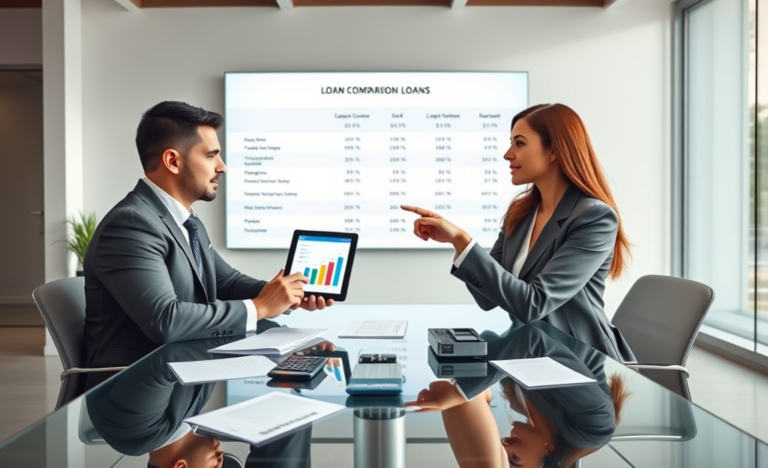 Professionally dressed man and woman comparing loan options on a tablet in a bright modern office setting focused on finding better deals faster