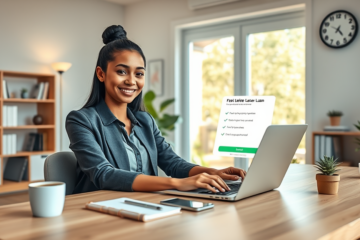 Young professional woman using laptop in bright home office completing fast online loan application with smartphone approval notifications