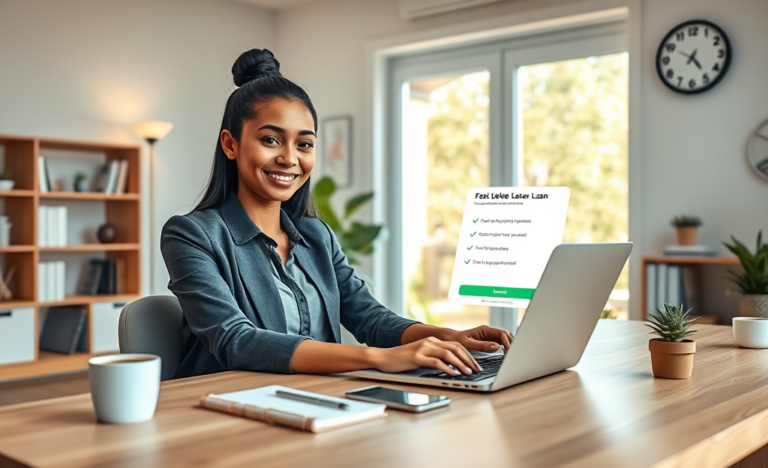 Young professional woman using laptop in bright home office completing fast online loan application with smartphone approval notifications