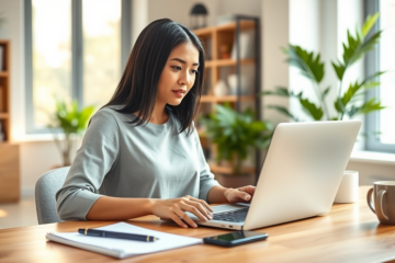 Young professional woman completing a fast, simple online credit application on a laptop in a bright home office with natural light