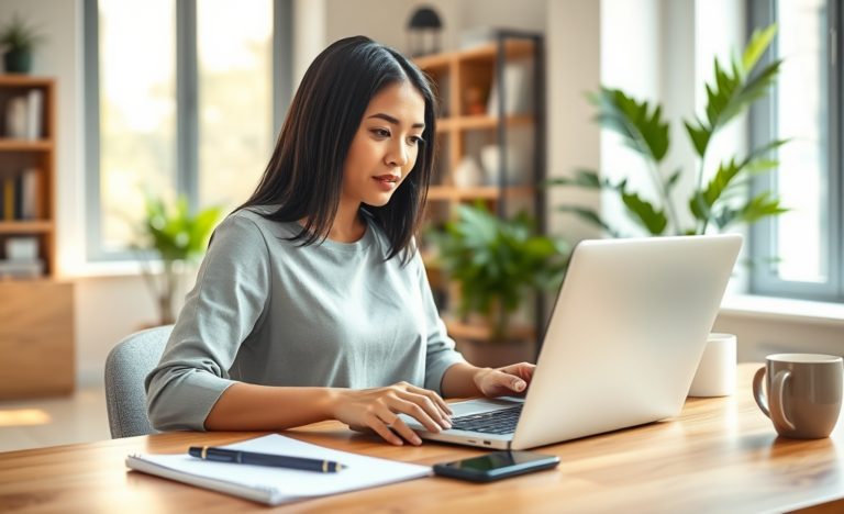 Young professional woman completing a fast, simple online credit application on a laptop in a bright home office with natural light