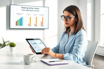 Young professional woman reviewing a simple digital credit application on a transparent tablet in a bright modern office for better loan choices
