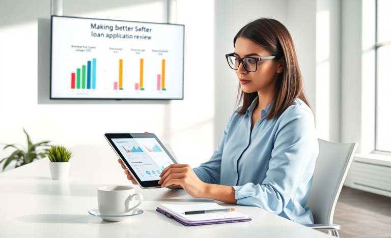 Young professional woman reviewing a simple digital credit application on a transparent tablet in a bright modern office for better loan choices