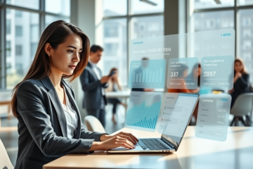 Young professional woman using laptop in a modern office with digital loan application and competitive rates dashboard displayed