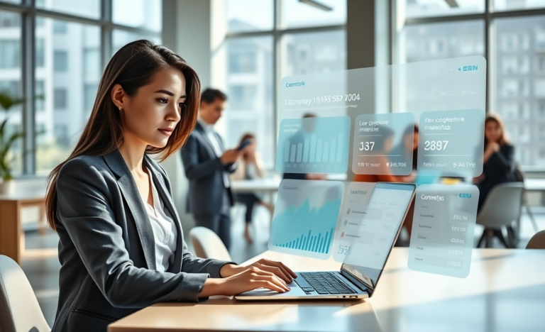 Young professional woman using laptop in a modern office with digital loan application and competitive rates dashboard displayed