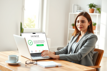 Young woman using laptop in bright modern home office receiving quick online loan approval on smartphone notification
