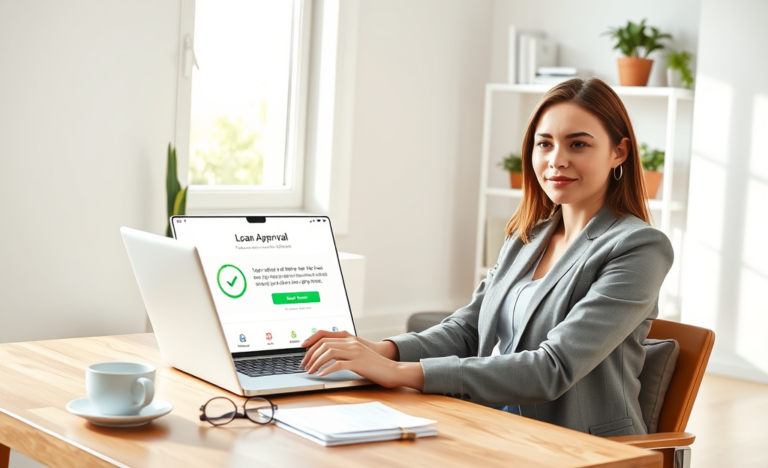 Young woman using laptop in bright modern home office receiving quick online loan approval on smartphone notification