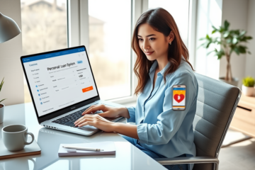 Young woman uses laptop and smartphone in modern home office applying for an online personal loan quickly and confidently