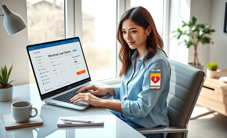 Young woman uses laptop and smartphone in modern home office applying for an online personal loan quickly and confidently