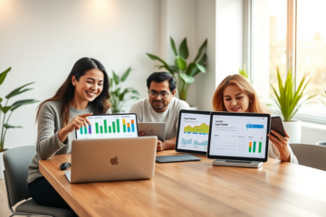 Three adults in a bright co-working space compare faster online loan applications on digital devices, showing flexible loan options