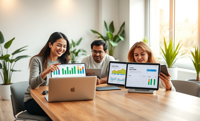Three adults in a bright co-working space compare faster online loan applications on digital devices, showing flexible loan options