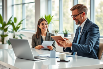 Young professional woman consulting a bank advisor in a bright modern office for fast personal loan approval with calm, welcoming atmosphere