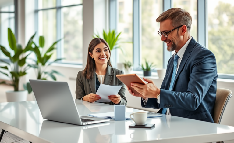 Young professional woman consulting a bank advisor in a bright modern office for fast personal loan approval with calm, welcoming atmosphere